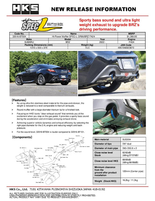 HKS Hi-Power SPEC-L w/ Titanium Tips Catback Exhaust 2022-2024 BRZ / 2022-2024 GR86