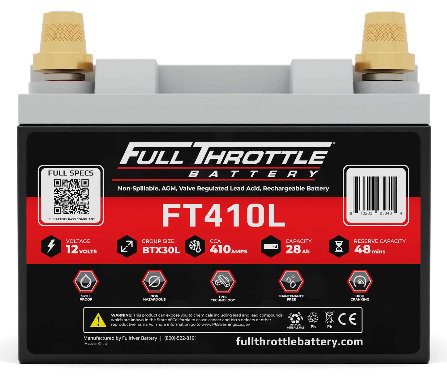 Full Throttle FT410L AGM Battery With Terminals