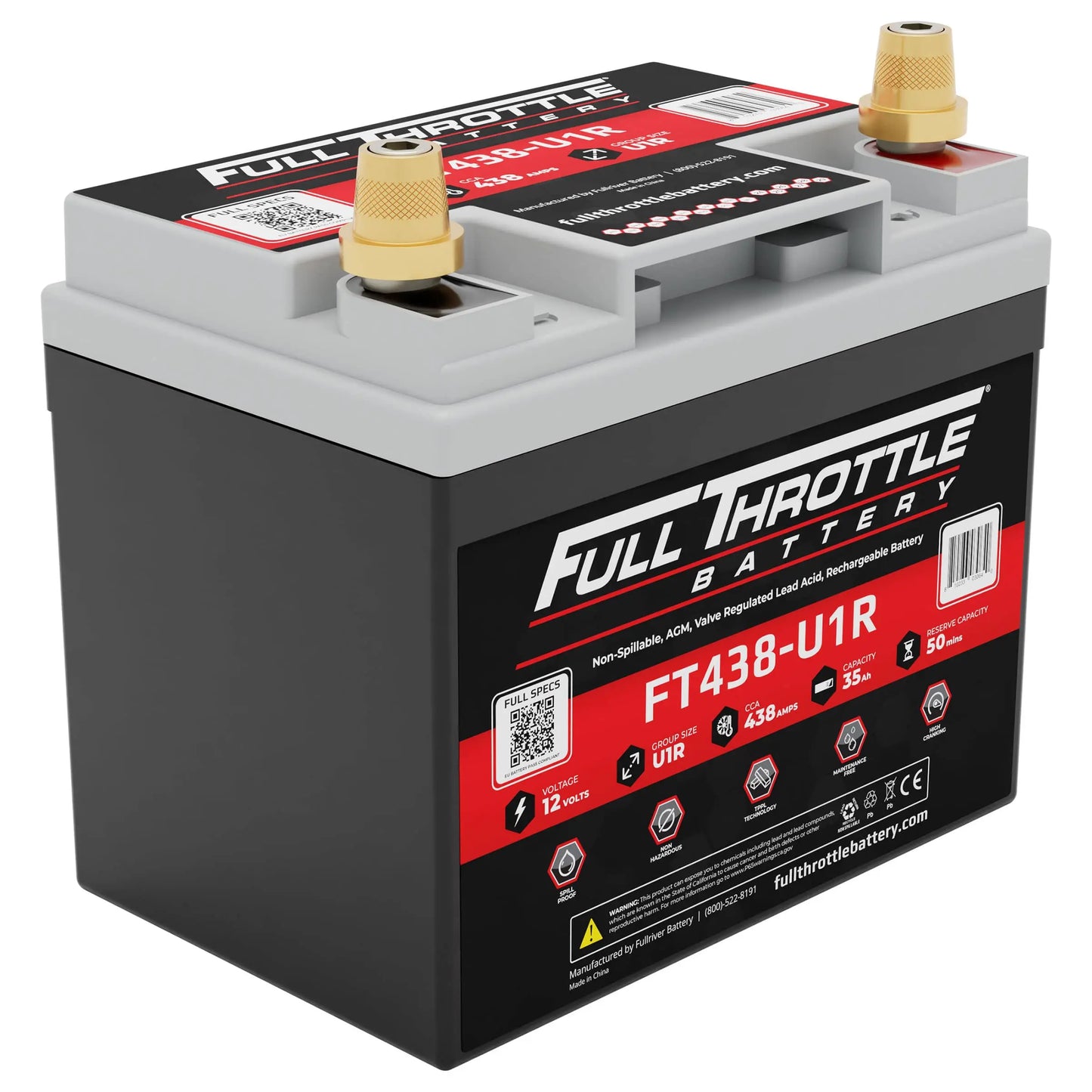 Full Throttle FT438-U1R AGM Battery With Terminals