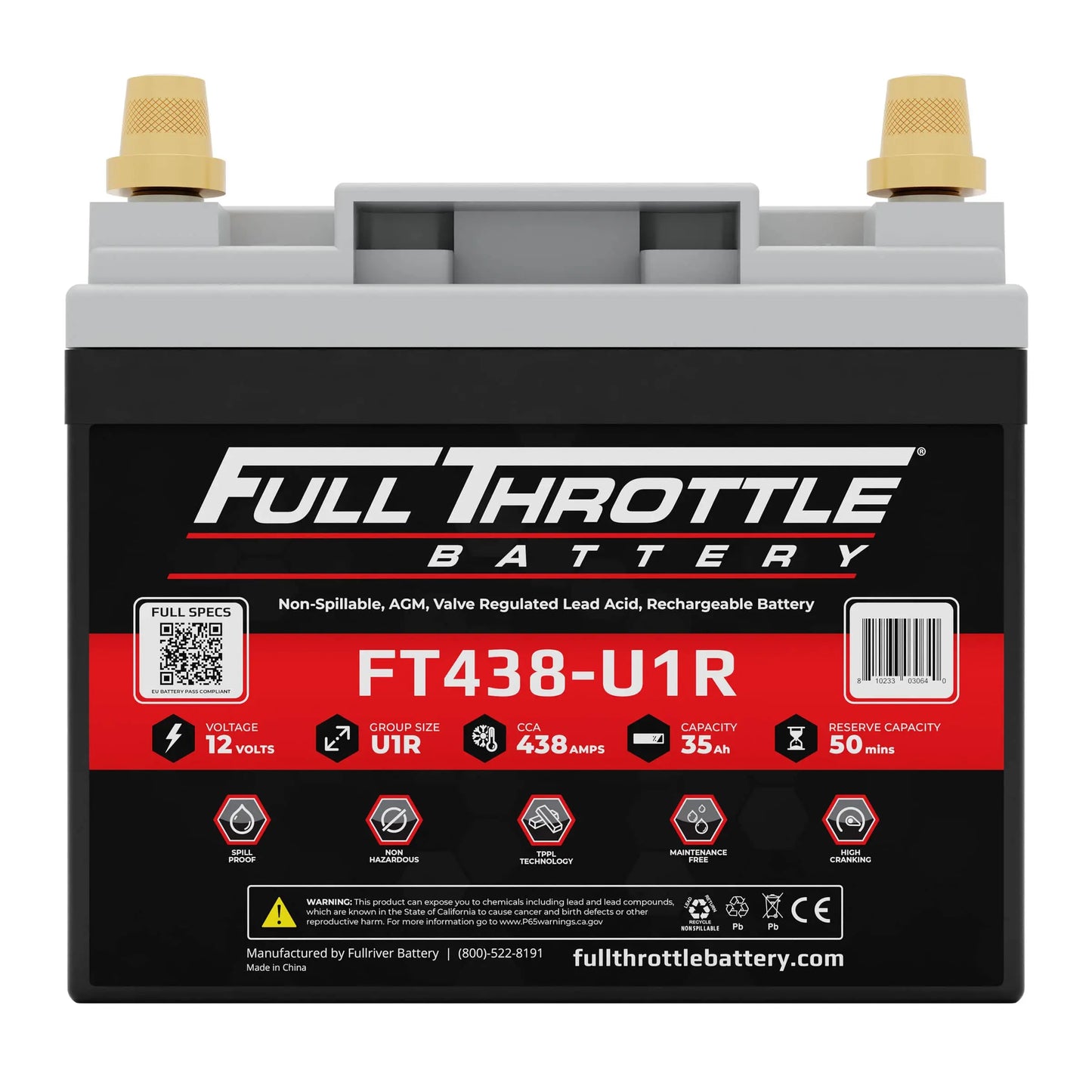 Full Throttle FT438-U1R AGM Battery With Terminals