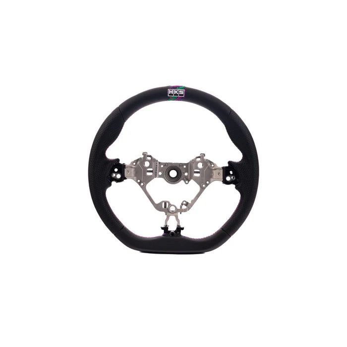 HKS Direct Fit Steering Wheel Black Smooth Leather w/ Perforated Grip, Oil Slick Stitching, and Embroidered HKS Logo 2015-2021 WRX / 2015-2021 STI