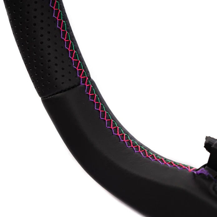 HKS Direct Fit Steering Wheel Black Smooth Leather w/ Perforated Grip, Oil Slick Stitching, and Embroidered HKS Logo 2015-2021 WRX / 2015-2021 STI
