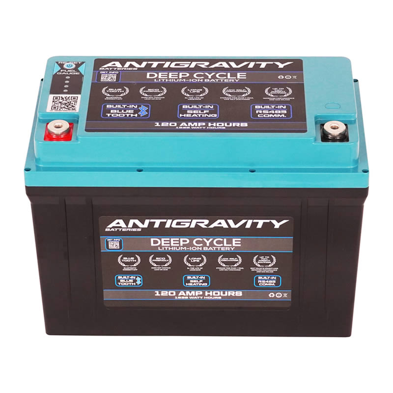 top and side profile of Antigravity 120 AH deep cycle battery